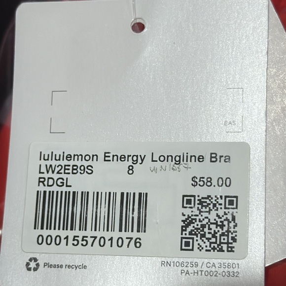 Lululemon Energy Longline Bra B–D Cups Red Glow size 8 NWT SPORTS BRA - Picture 8 of 9